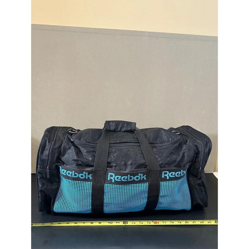 Reebok Duffel Bag Black Teal Mesh Logo Gym Sports Travel Weekend Bag Large